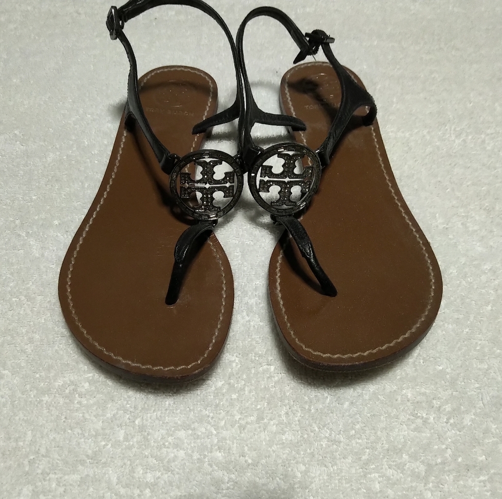 Tory Burch Black Leather Sandals with Signature Medallion - Size 8.5